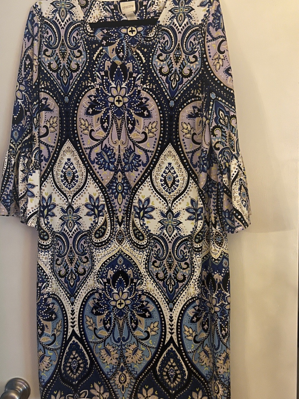 Chico's Blue and Cream Paisley-Patterned Mini Dress